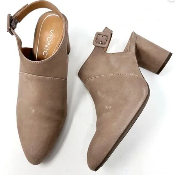 VIONIC Roseville Brea Tan Leather Pointy Toe Block Heel Open Back Shoes Size 7.5 - Picture 4 of 5